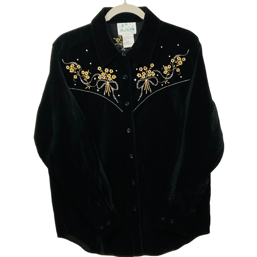QUACKER FACTORY womens shirt embroidered velvet black gold western floral S soft
